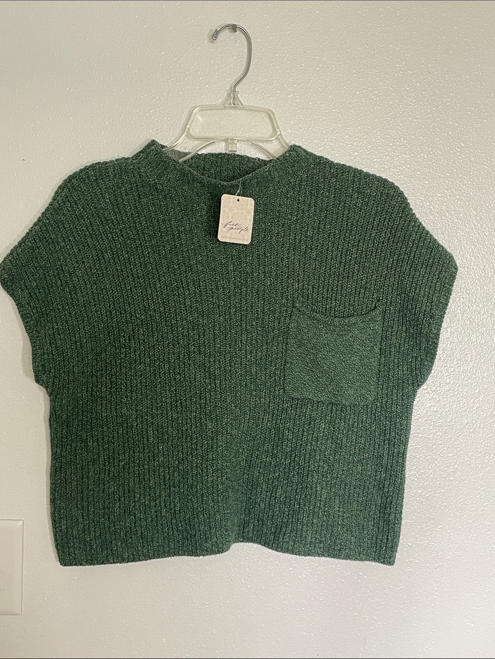 Free People Dark Green Ribbed Short Sleeve Pocket Sweater